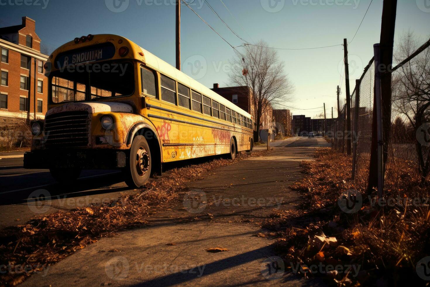 un' largo - angolo tiro di un' scuola autobus fermare cartello con un vuoto marciapiede nel il sfondo. generativo ai foto