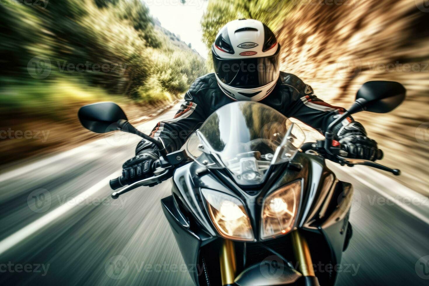 un' vicino - su tiro a partire dal un' qualificato motocicletta ciclista su un' avvolgimento montagna strada. generativo ai foto