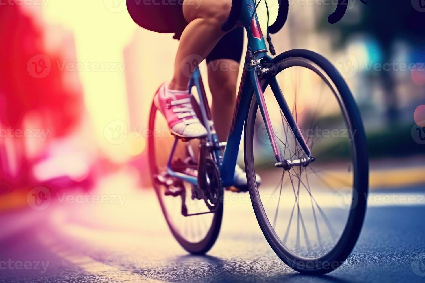 il eccitazione e adrenalina di un' giovane donna ciclista nel azione con un' vicino - su tiro di sua gambe pedalare. generativo ai foto