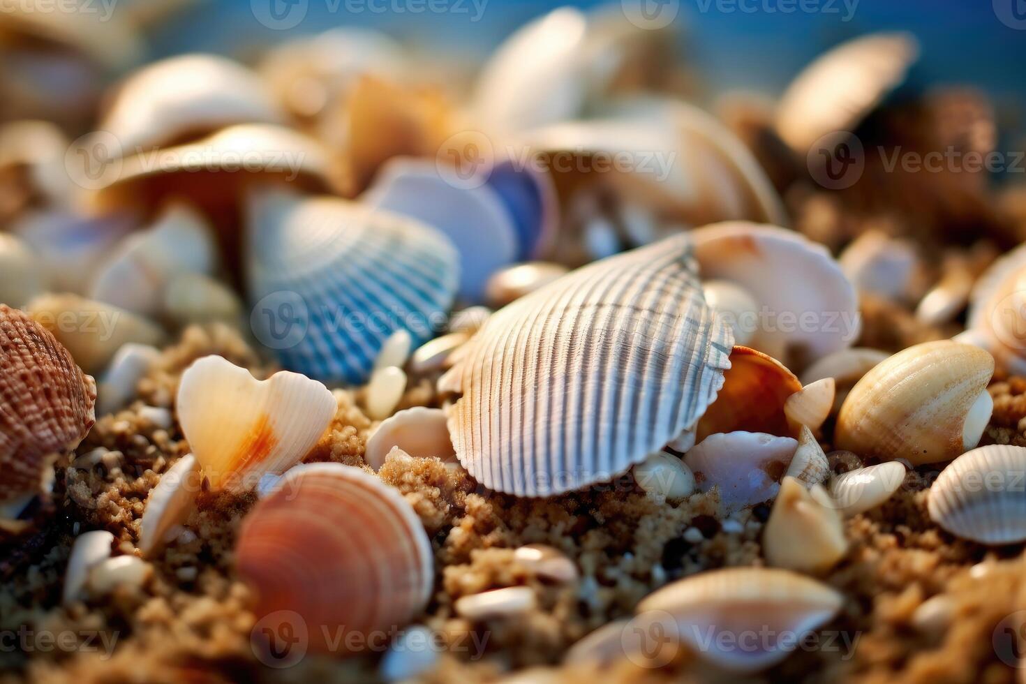 il serenità di un' costiero paesaggio nel un' vicino - su tiro di conchiglie sparpagliato lungo il costa. generativo ai foto