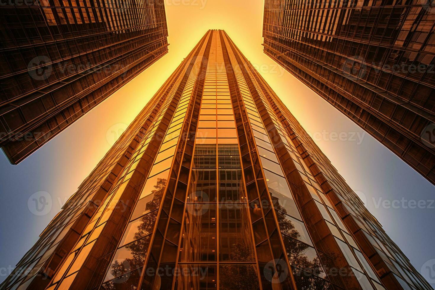 il magnificenza di un' torreggiante grattacielo a partire dal un' unico di vermi - occhio Visualizza prospettiva. generativo ai foto