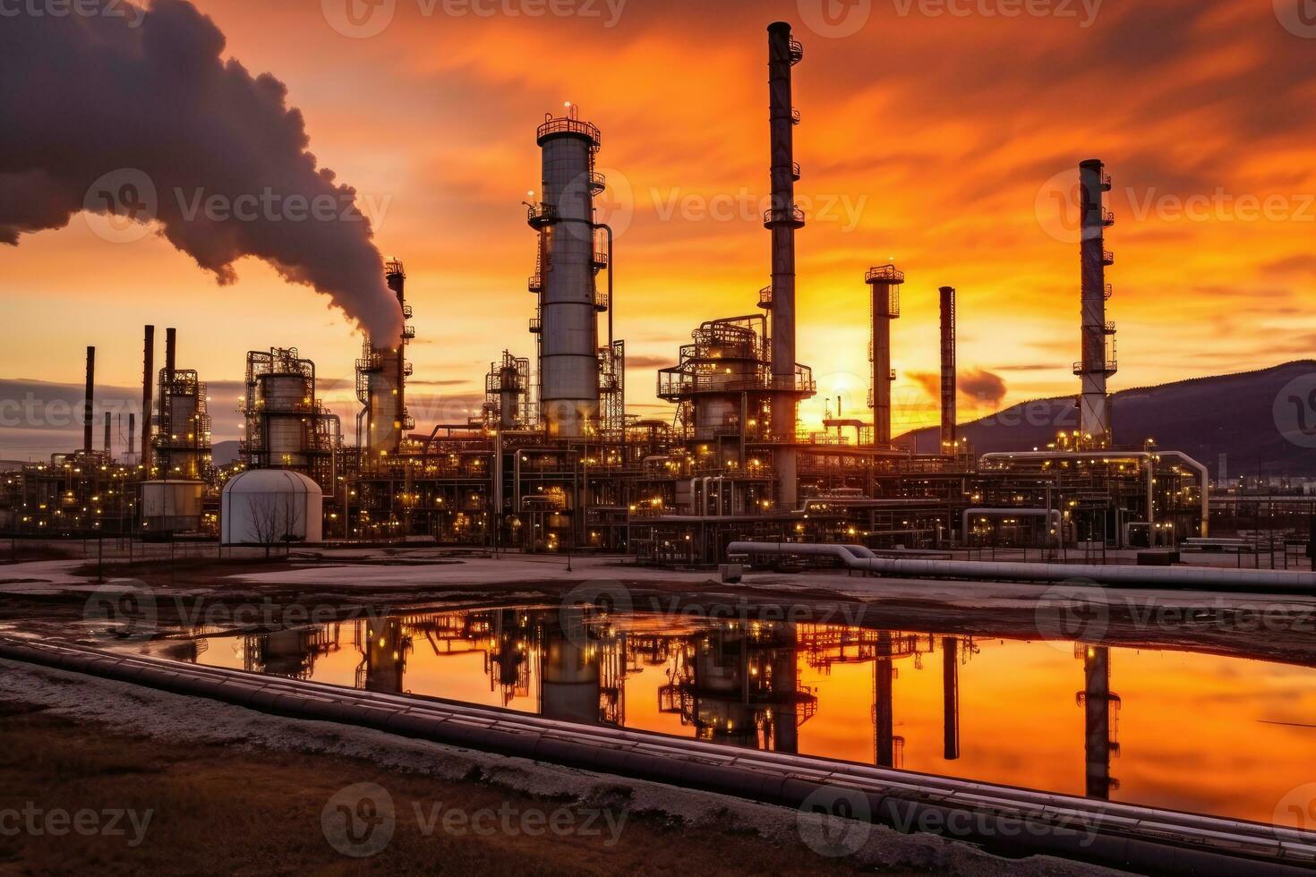 il industriale paesaggio di un olio raffineria pianta nel il prodotto petrochimico industria. generativo ai foto