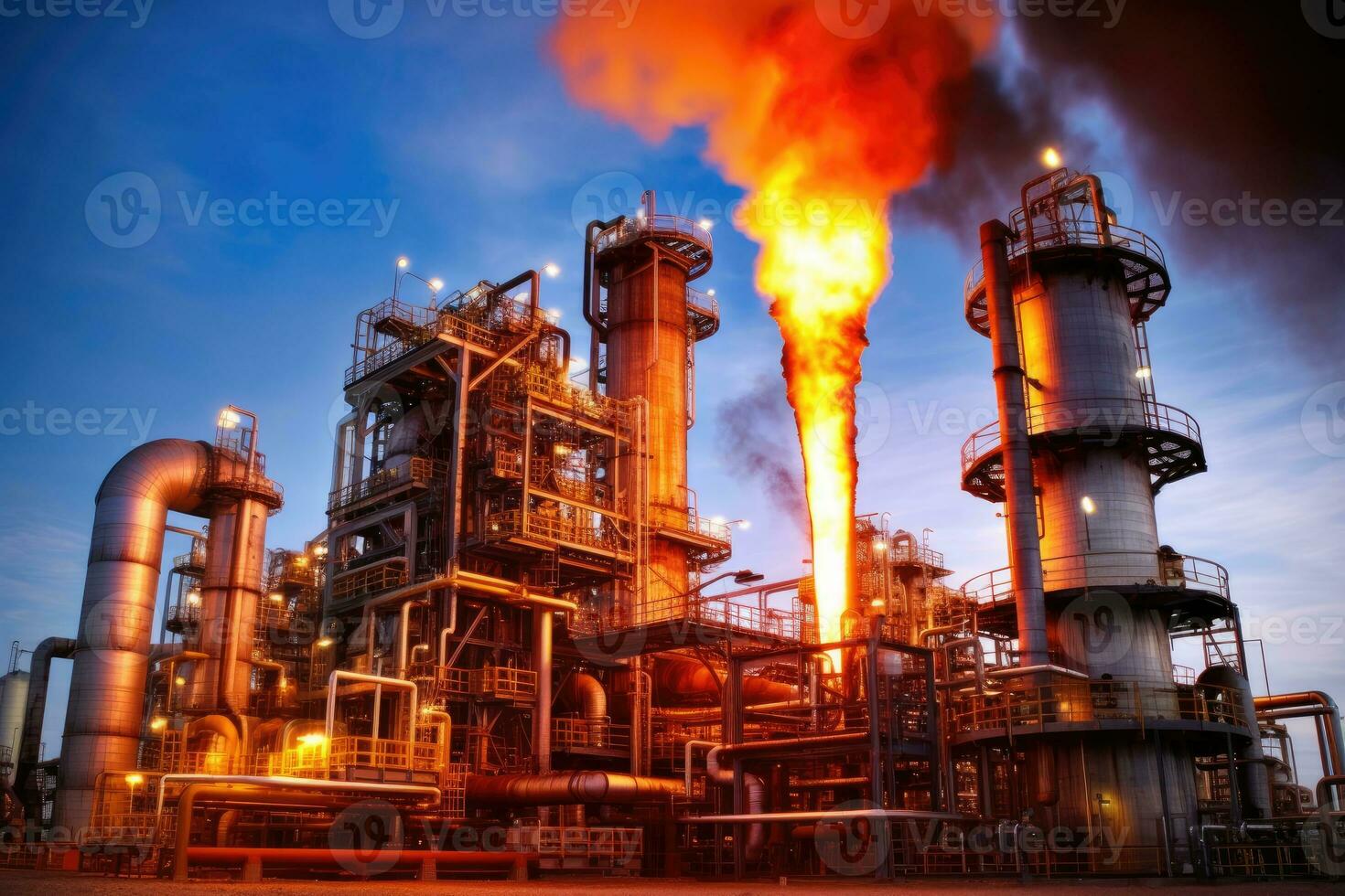 il industriale paesaggio di un olio raffineria pianta nel il prodotto petrochimico industria. generativo ai foto