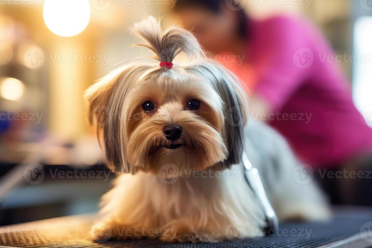 professionale animale domestico toelettatore come lei delicatamente finiture il pelliccia di un' soffice cane a un' governare salone. generativo ai foto