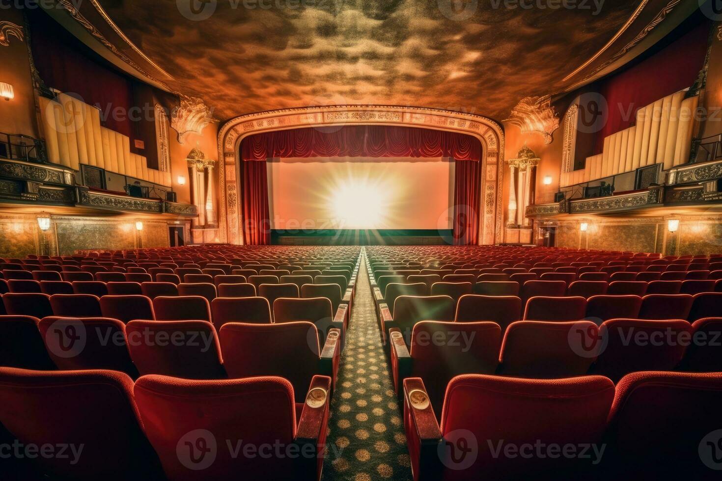 un atmosferico ambientazione di un vecchio - stile film Teatro. il debolmente illuminato auditorium, ornato con velluto tende. generativo ai foto