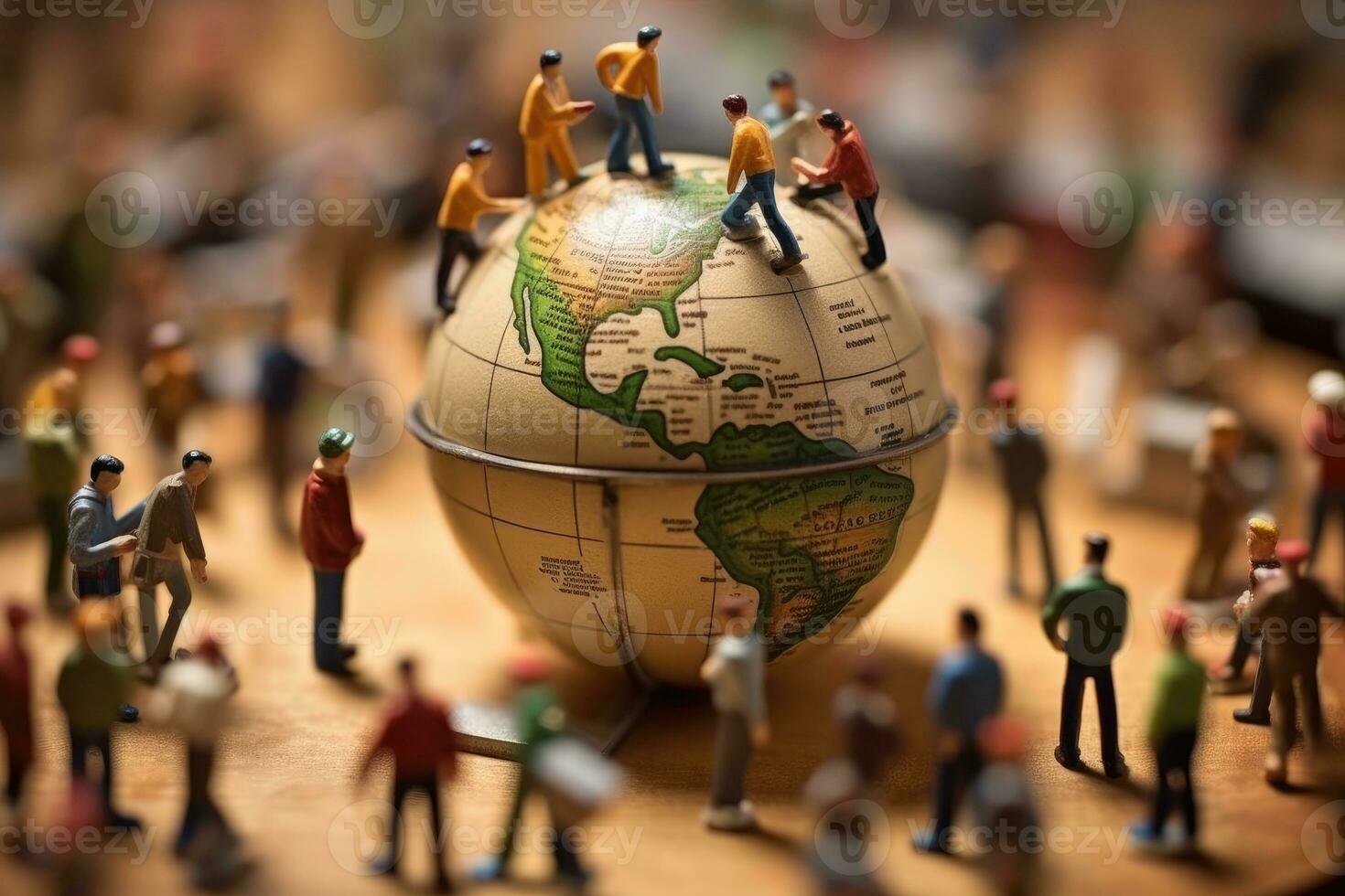 un' folla tiro di minuscolo figurine di studenti e insegnanti vivace in giro un' globo, che rappresentano un' globale aula. generativo ai foto