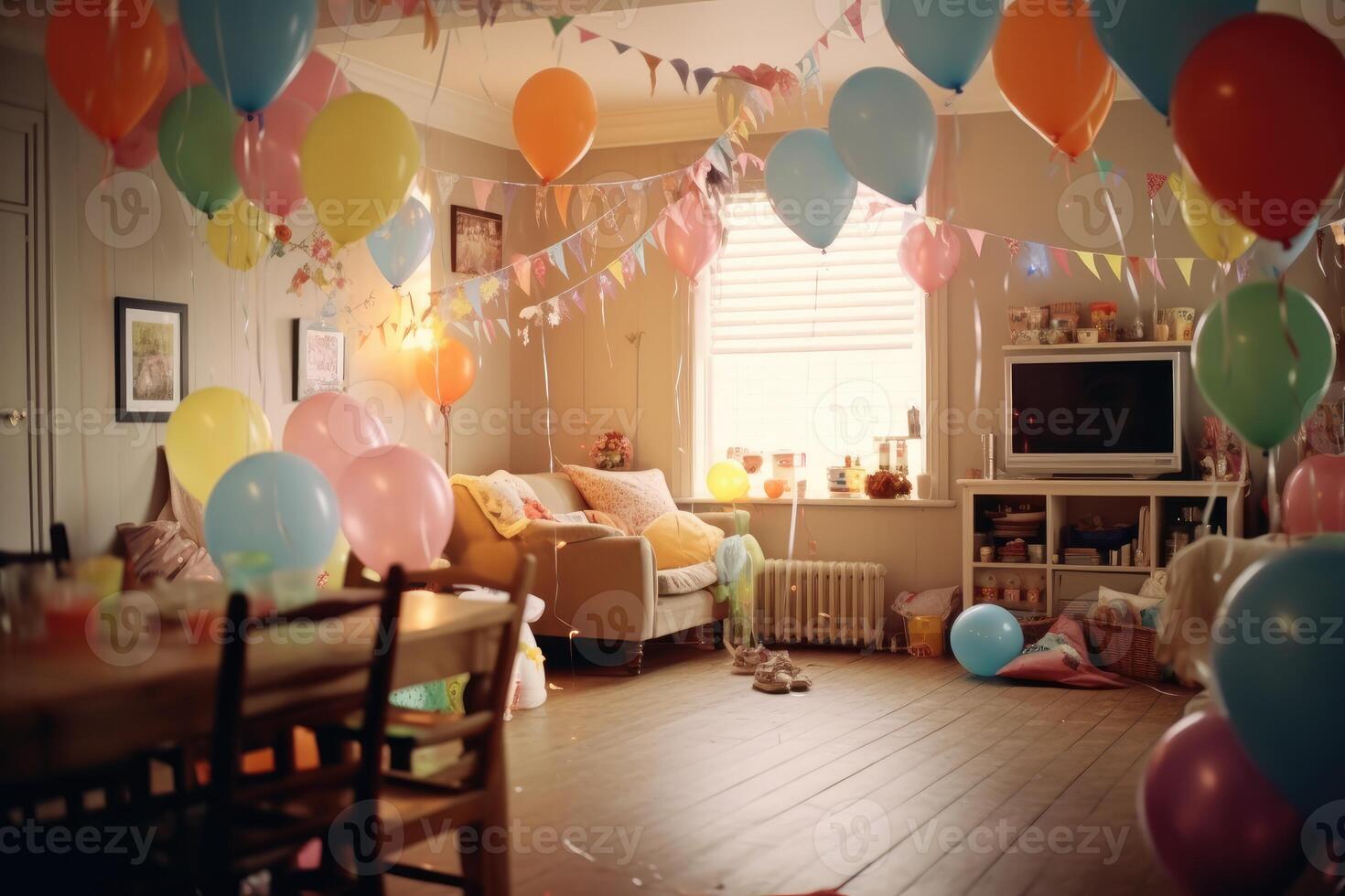 festa atmosfera con un' messa a fuoco su pastello palloncini e a tema bambino decorazioni foderato su in giro il camera. generativo ai foto