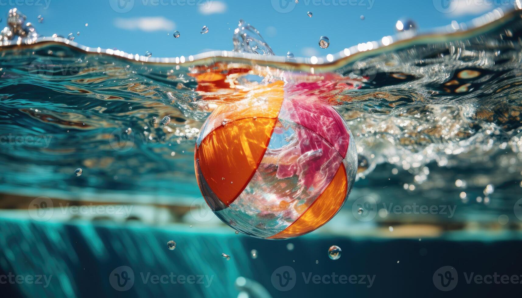 vivace estate - spiaggia palla rimbalzo su piscina acqua durante festa. generativo ai foto