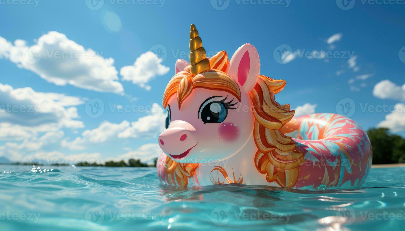 estate divertimento - colorato gonfiabile unicorno galleggiante su turchese piscina. generativo ai foto