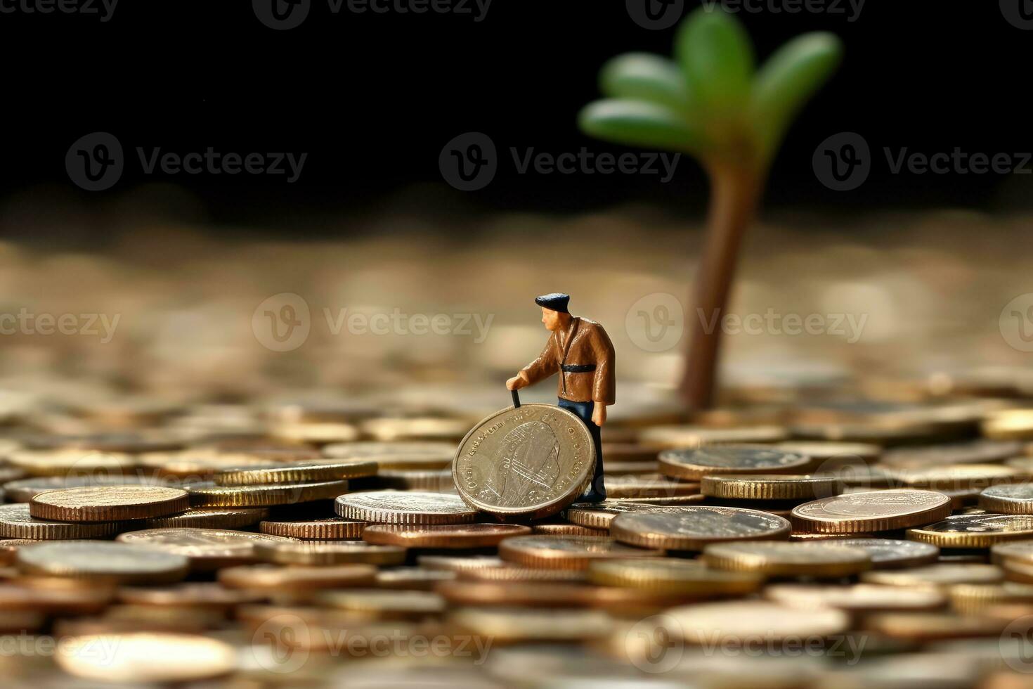 un' miniatura figura irrigazione un' campo di in posizione verticale in piedi monete. generativo ai foto