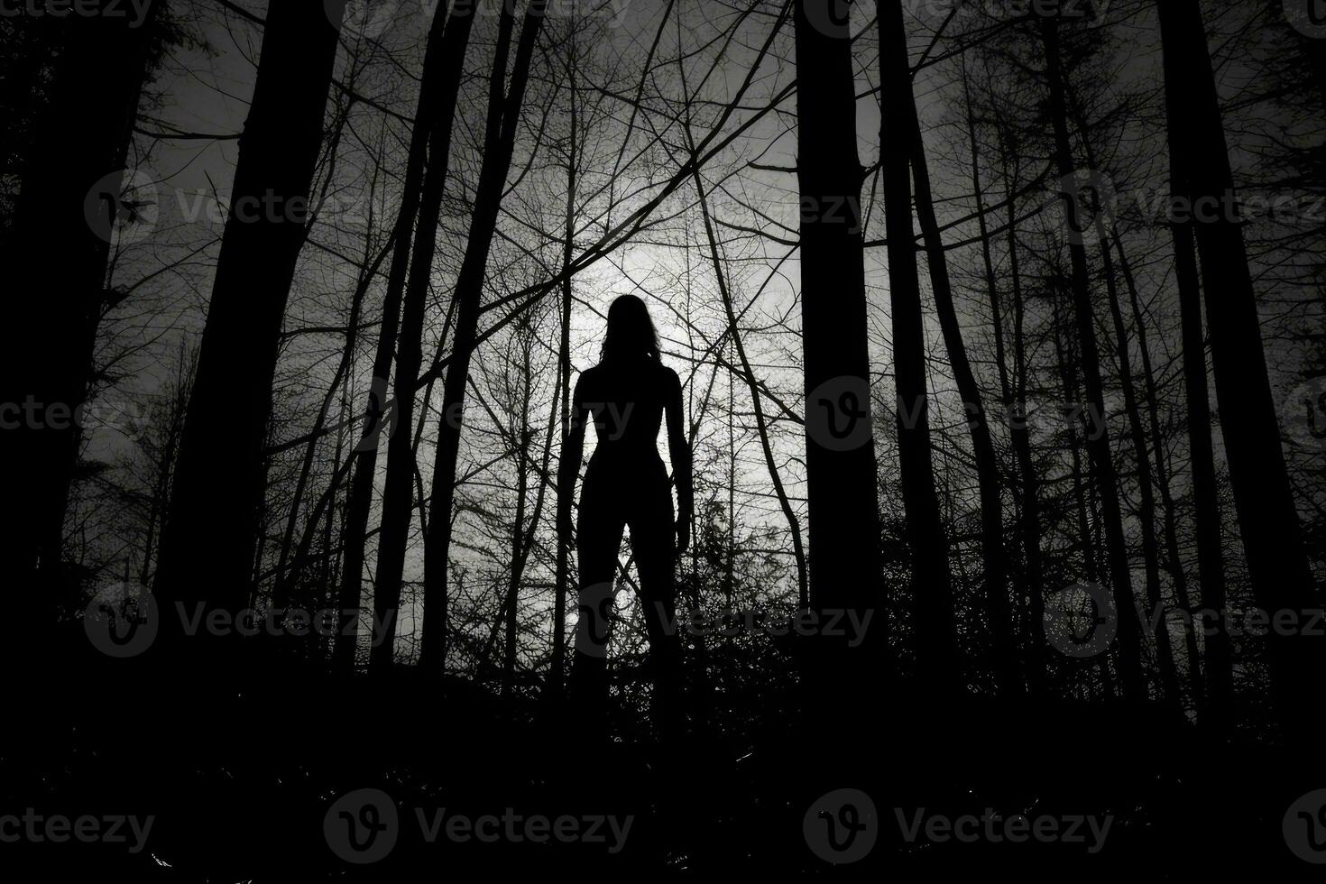 un' strega in piedi solo nel un' foresta radura, staglia contro un' enorme, raggiante pieno Luna. generativo ai foto