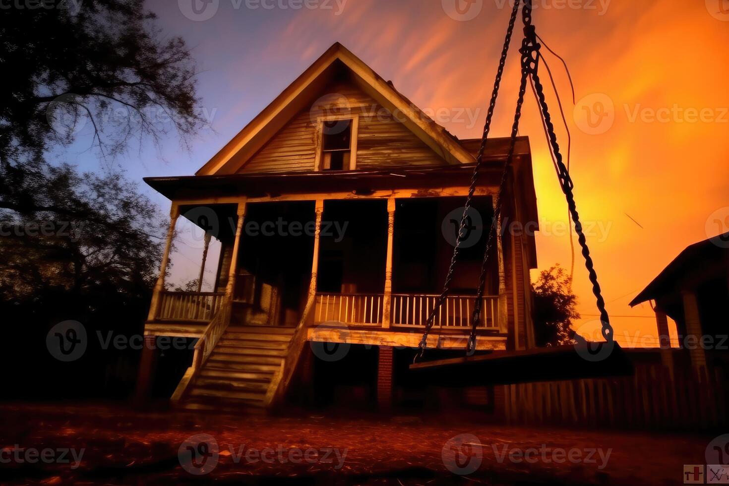 un vecchio, di legno swing ondeggiante nel il vento nel davanti di un' frequentato Casa. generativo ai foto