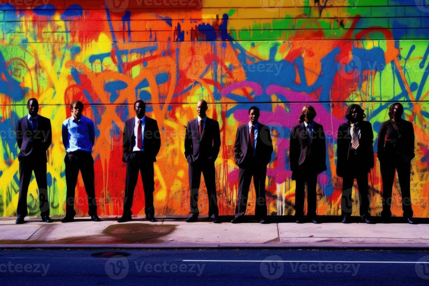 un' diverso gruppo di attività commerciale professionisti in piedi contro un' vibrante, colorato graffiti parete. generativo ai foto