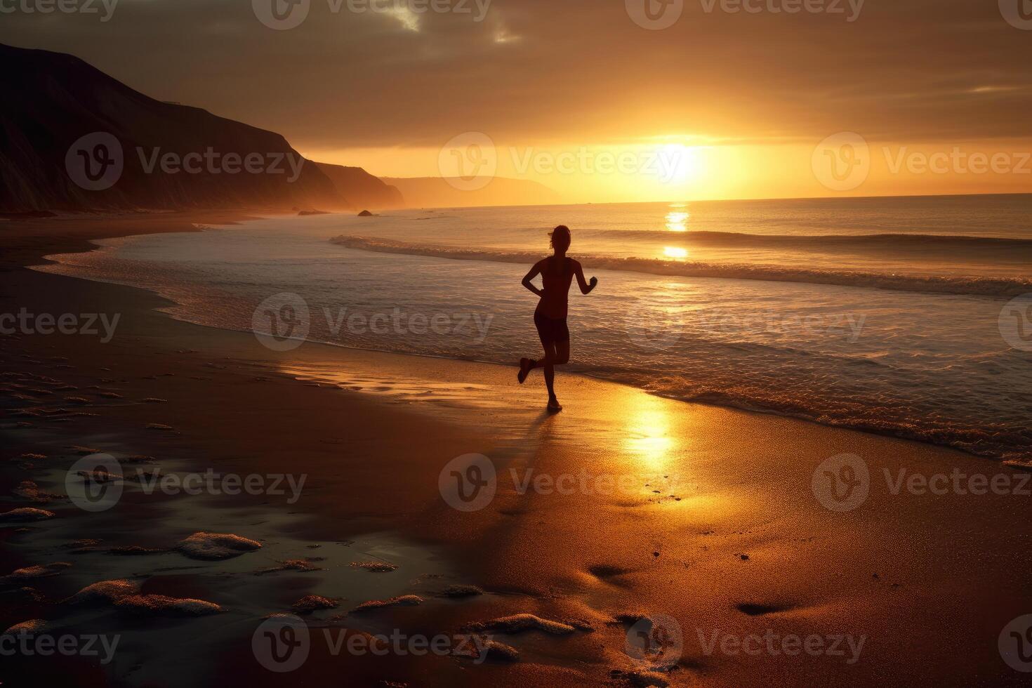 un atleta, in esecuzione su un isolato spiaggia a il rompere di alba. generativo ai foto