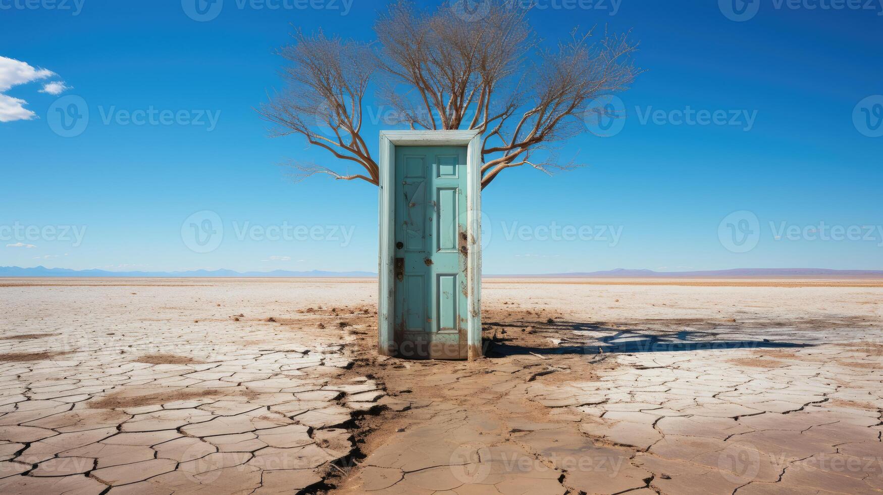 surreale sparo, un' solitario porta in piedi nel il mezzo di un' deserto. generativo ai foto