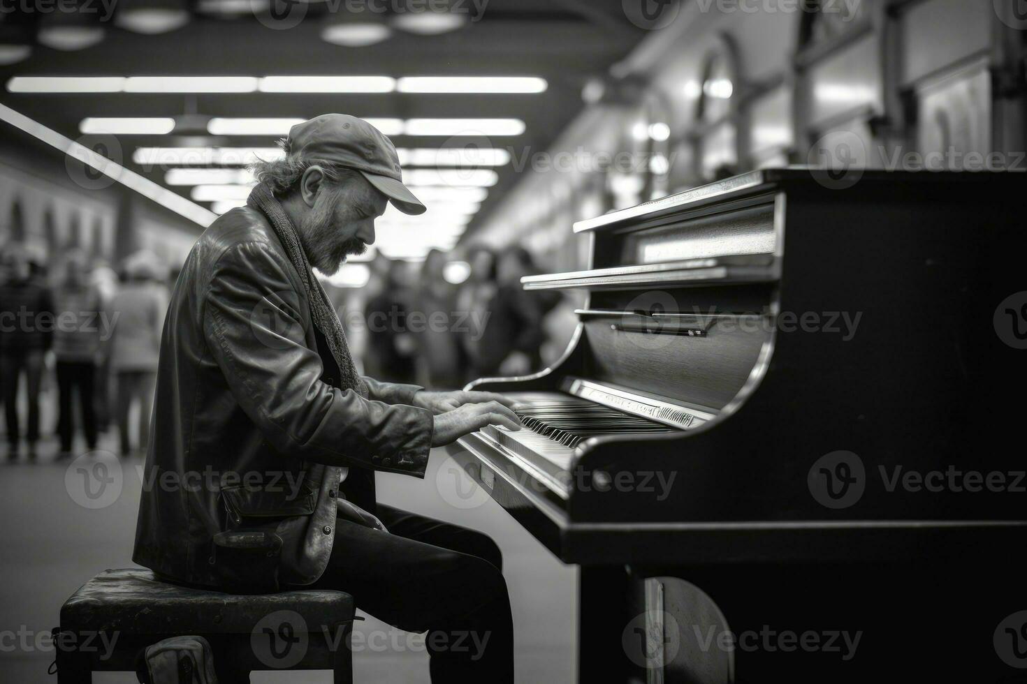 a un' vivace treno stazione, un' uomo giochi un vecchio pianoforte. generativo ai foto