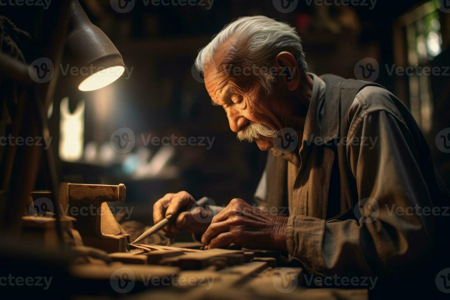 nel un' vivace officina, un' artigiano meticolosamente forme un' pezzo di Di legno. generativo ai foto