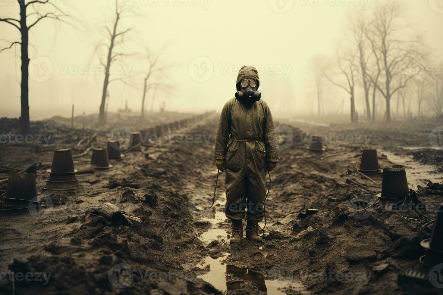 un' soldato guarda a un' bombardato campo di battaglia. nucleare guerra. generativo ai foto