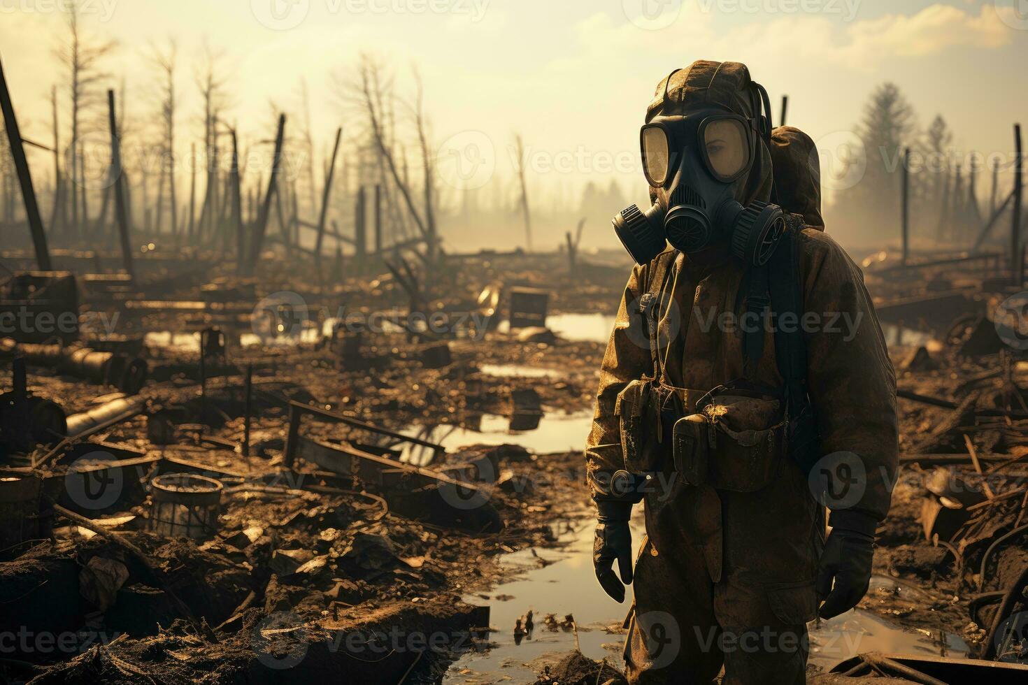 un' soldato guarda a un' bombardato campo di battaglia. nucleare guerra. generativo ai foto