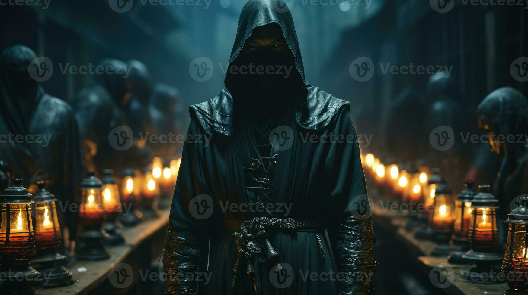 un' mascherato uomo nel un' nero mantello in piedi nel un' buio vicolo. foto