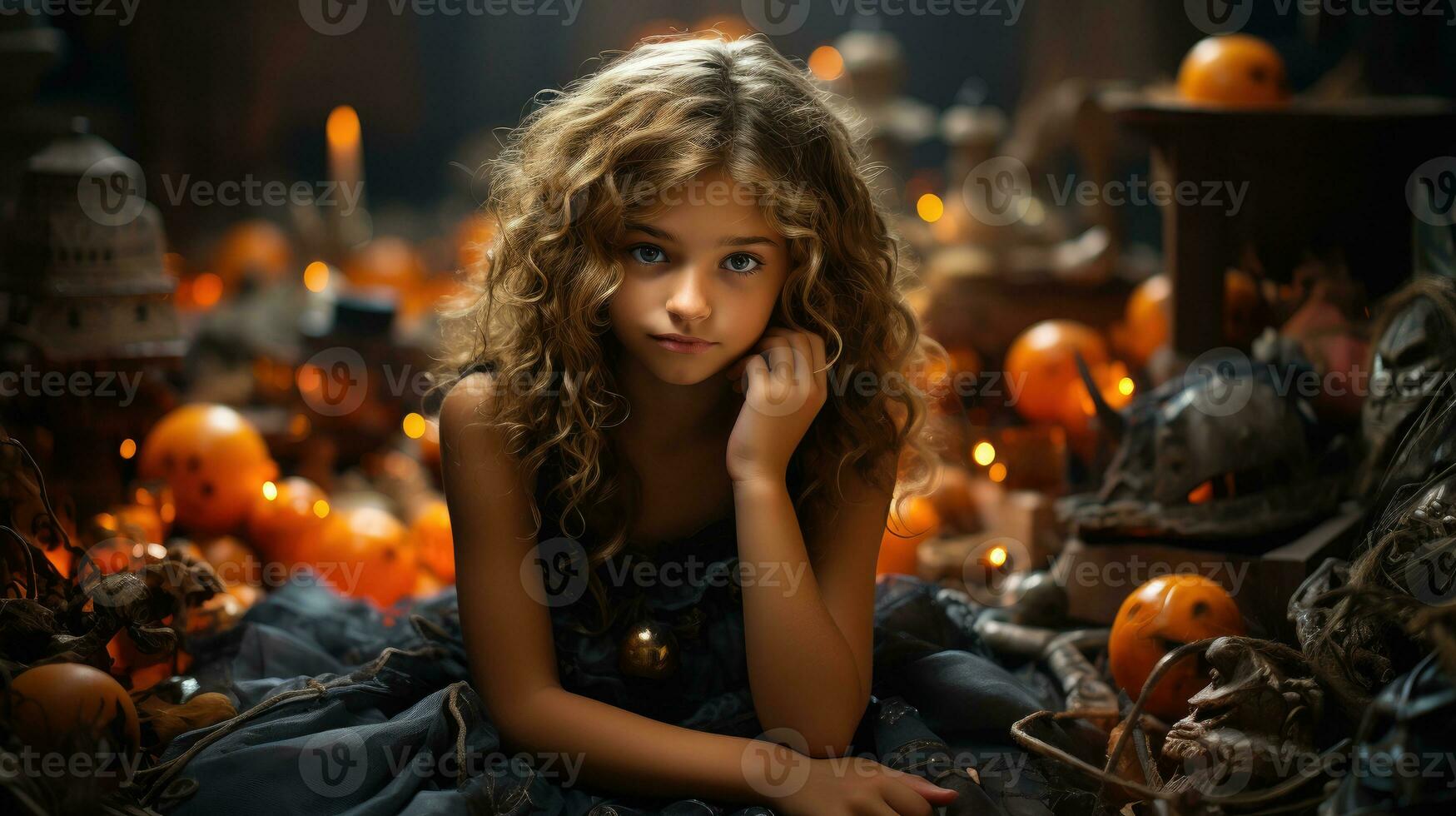 Fata in mezzo zucche - ragazza nel Fata costume ispezionando jack-o-lantern. generativo ai foto