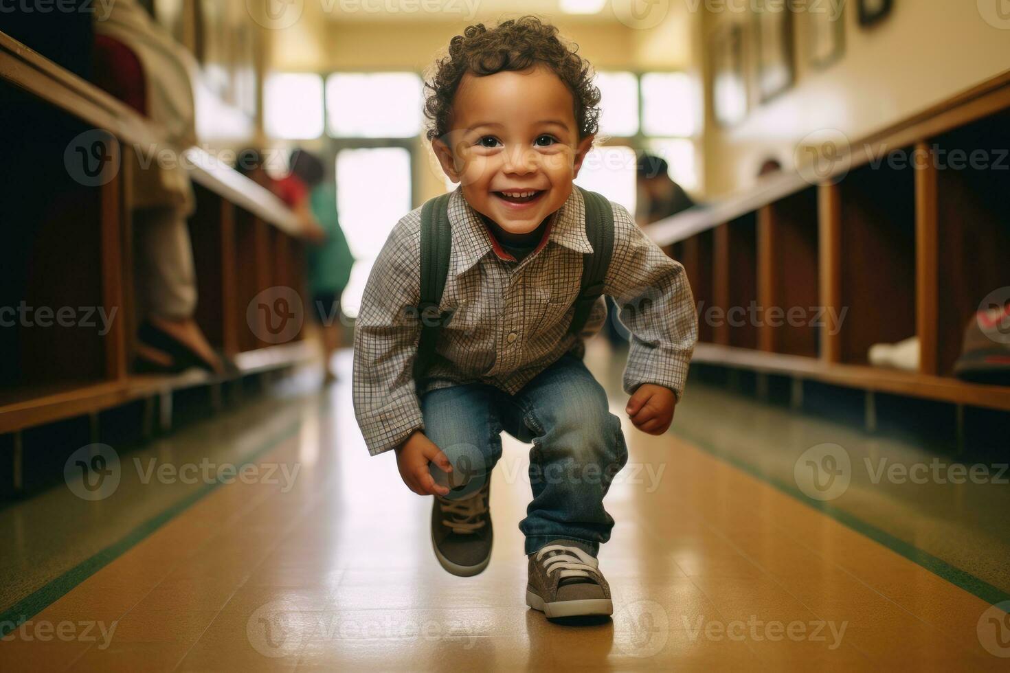 un su - chiudere, Candido tiro di un' bambino che fa i primi passi, pronto per il suo primo giorno a asilo. generativo ai foto