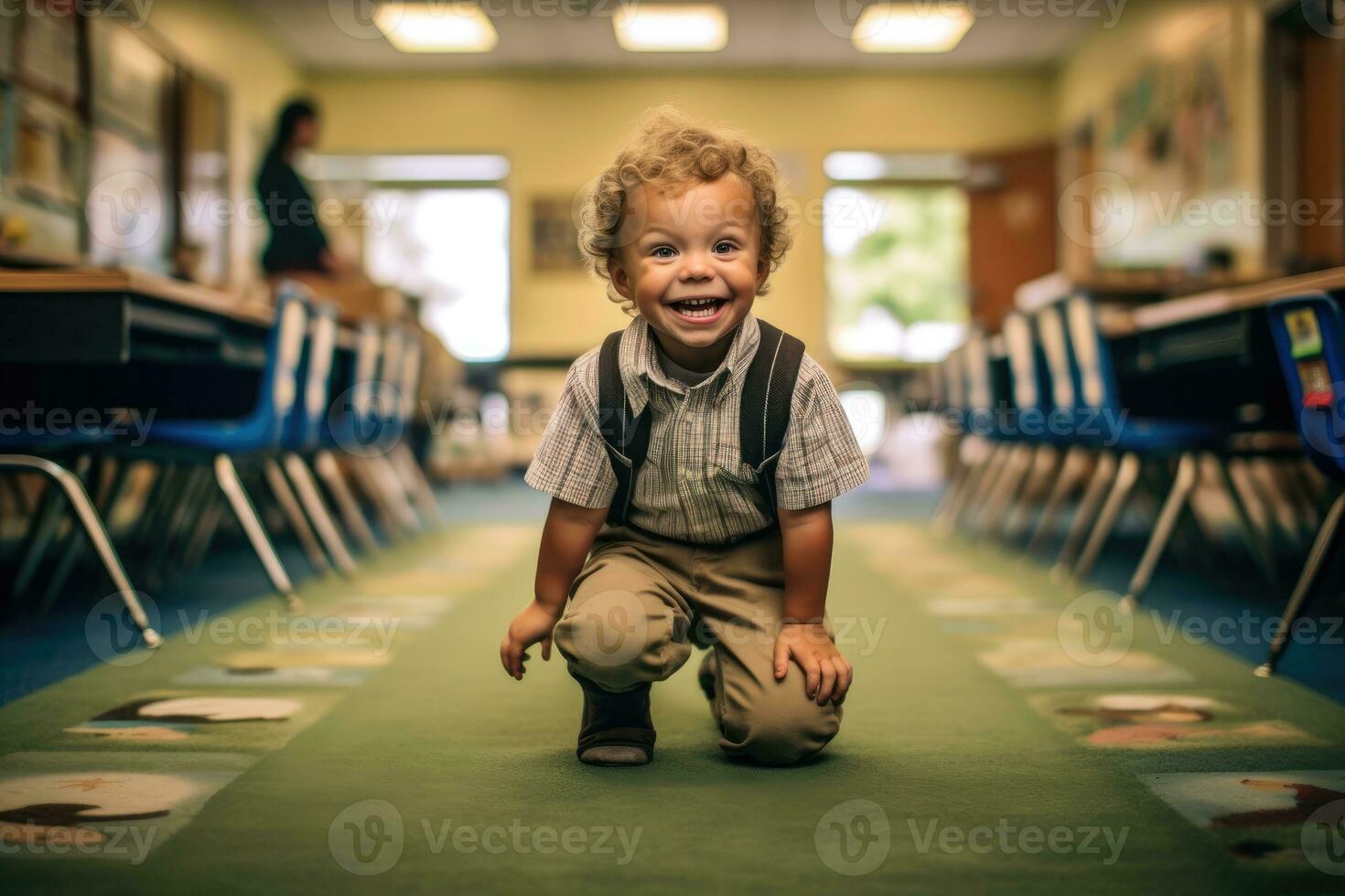 un su - chiudere, Candido tiro di un' bambino che fa i primi passi, pronto per il suo primo giorno a asilo. generativo ai foto