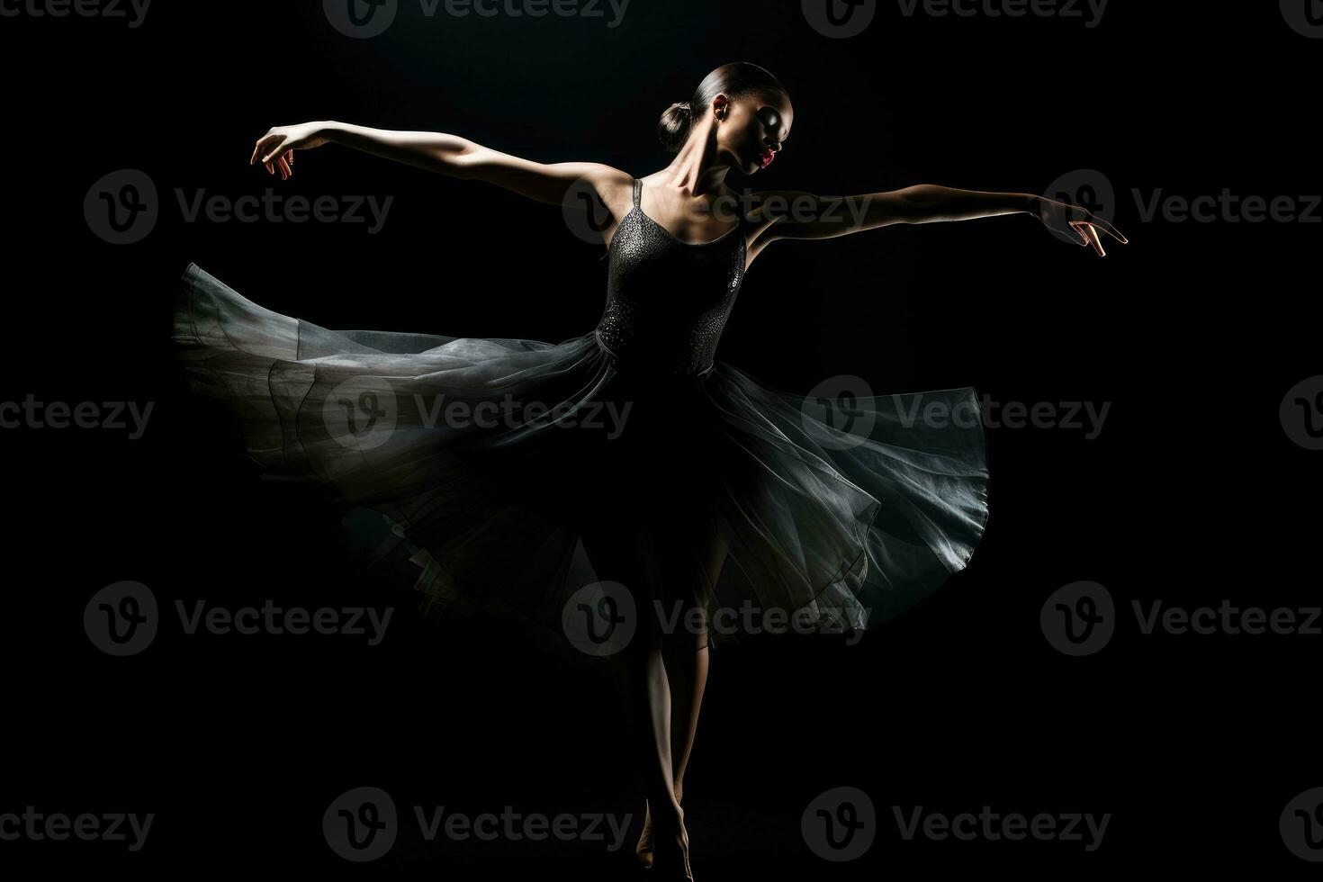 un' drammatico e lunatico Basso chiave Immagine di un' ballerina nel movimento. generativo ai foto