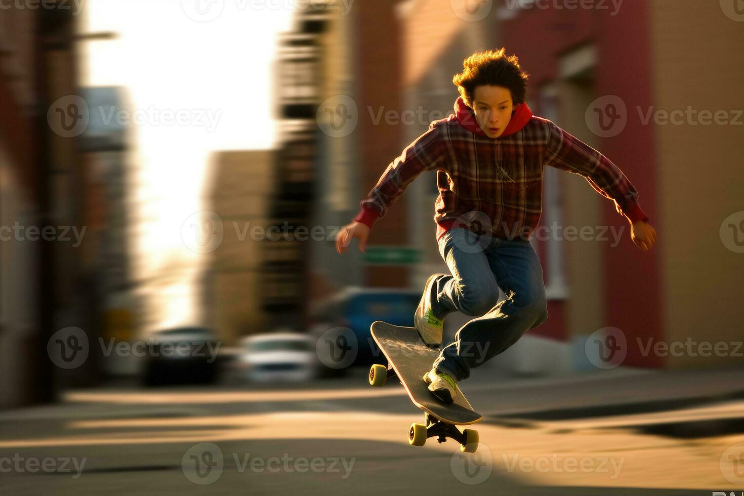 un ambientale pieno corpo tiro di un' adolescenziale ragazzo su un' skateboard, da corsa via per scuola. generativo ai foto