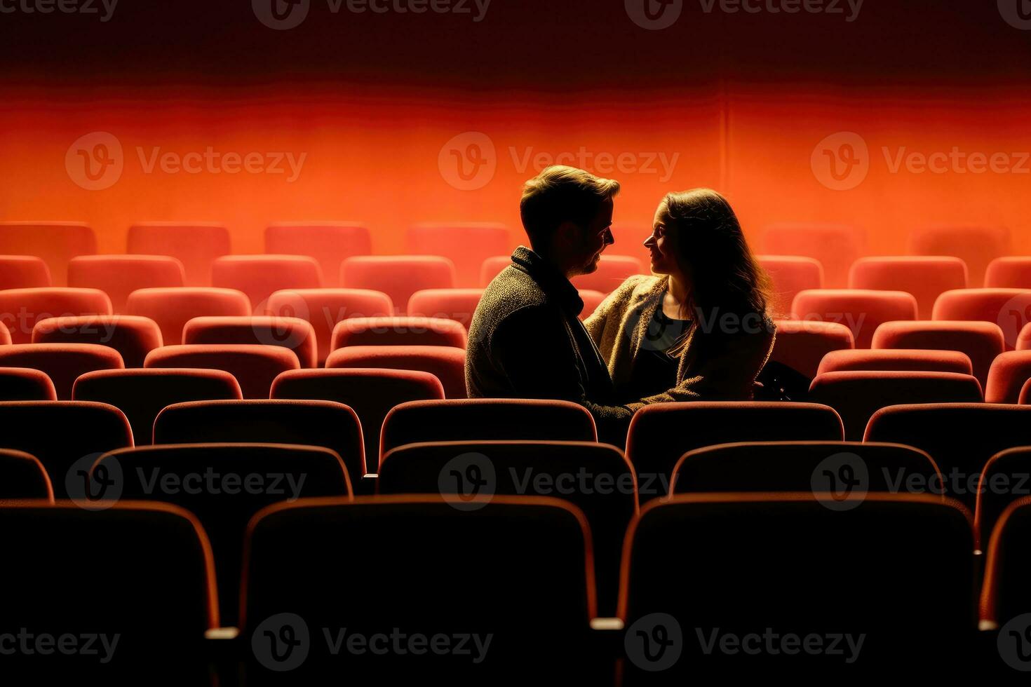 un astratto rappresentazione di un' coppia assorto nel un' film a un' Teatro. generativo ai foto