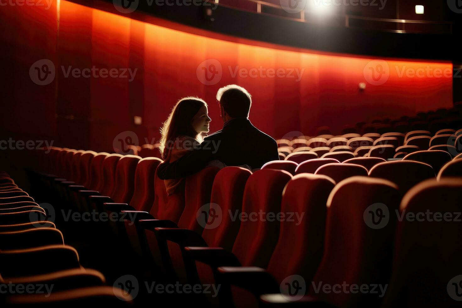 un astratto rappresentazione di un' coppia assorto nel un' film a un' Teatro. generativo ai foto