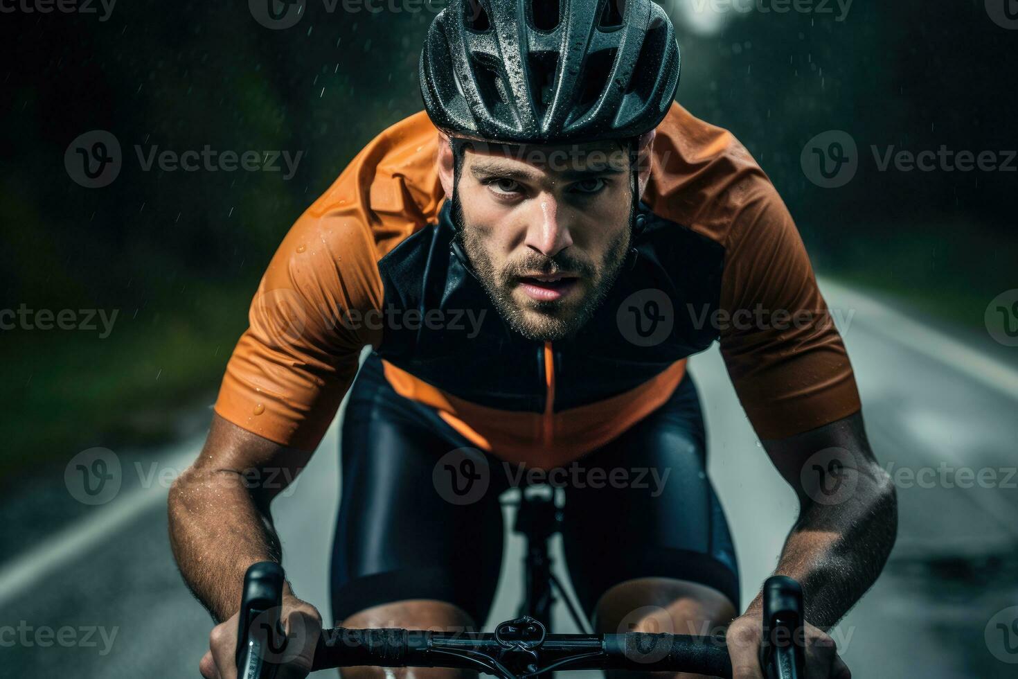 il resistenza di un' maschio ciclista come lui gare giù un' panoramico strada. generativo ai foto