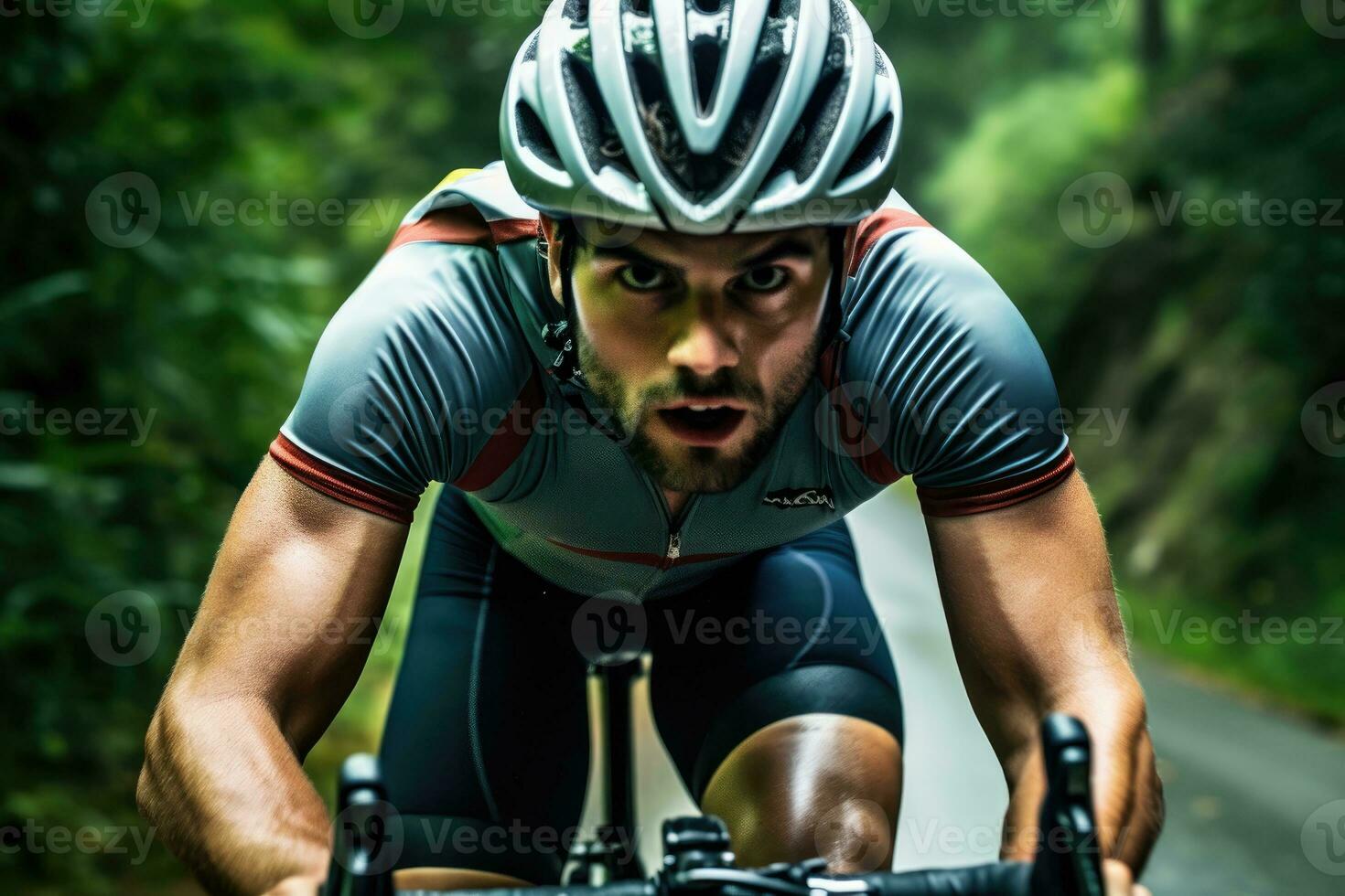 il resistenza di un' maschio ciclista come lui gare giù un' panoramico strada. generativo ai foto