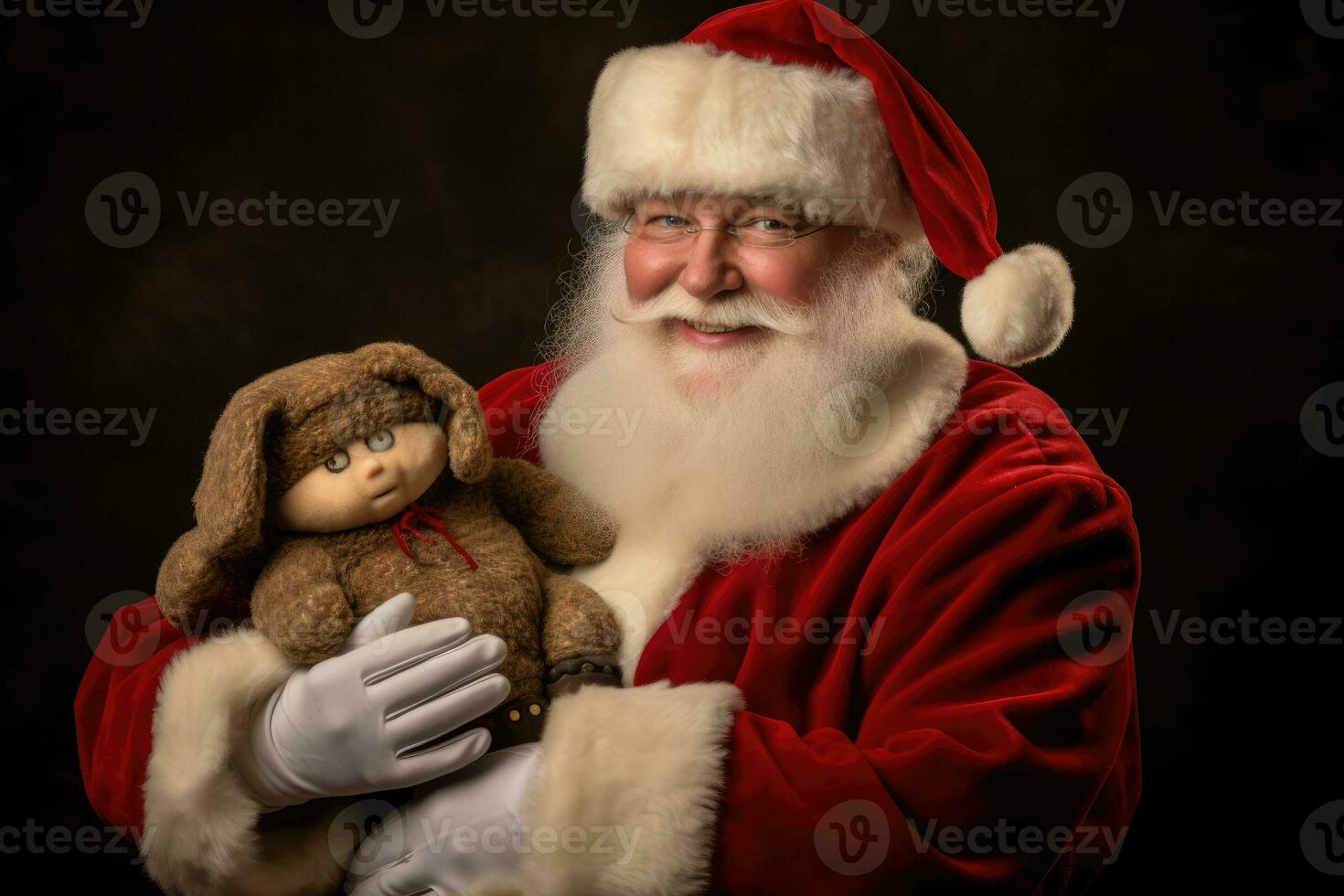 foto di un' gioviale uomo vestito come Santa Claus nel un' festivo studio. generativo ai