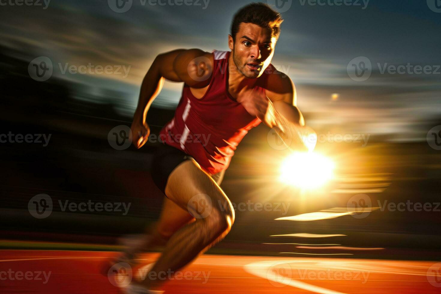 il agilità e velocità di un' maschio atleta come lui impegna nel un' sprint sessione su il traccia. generativo ai foto