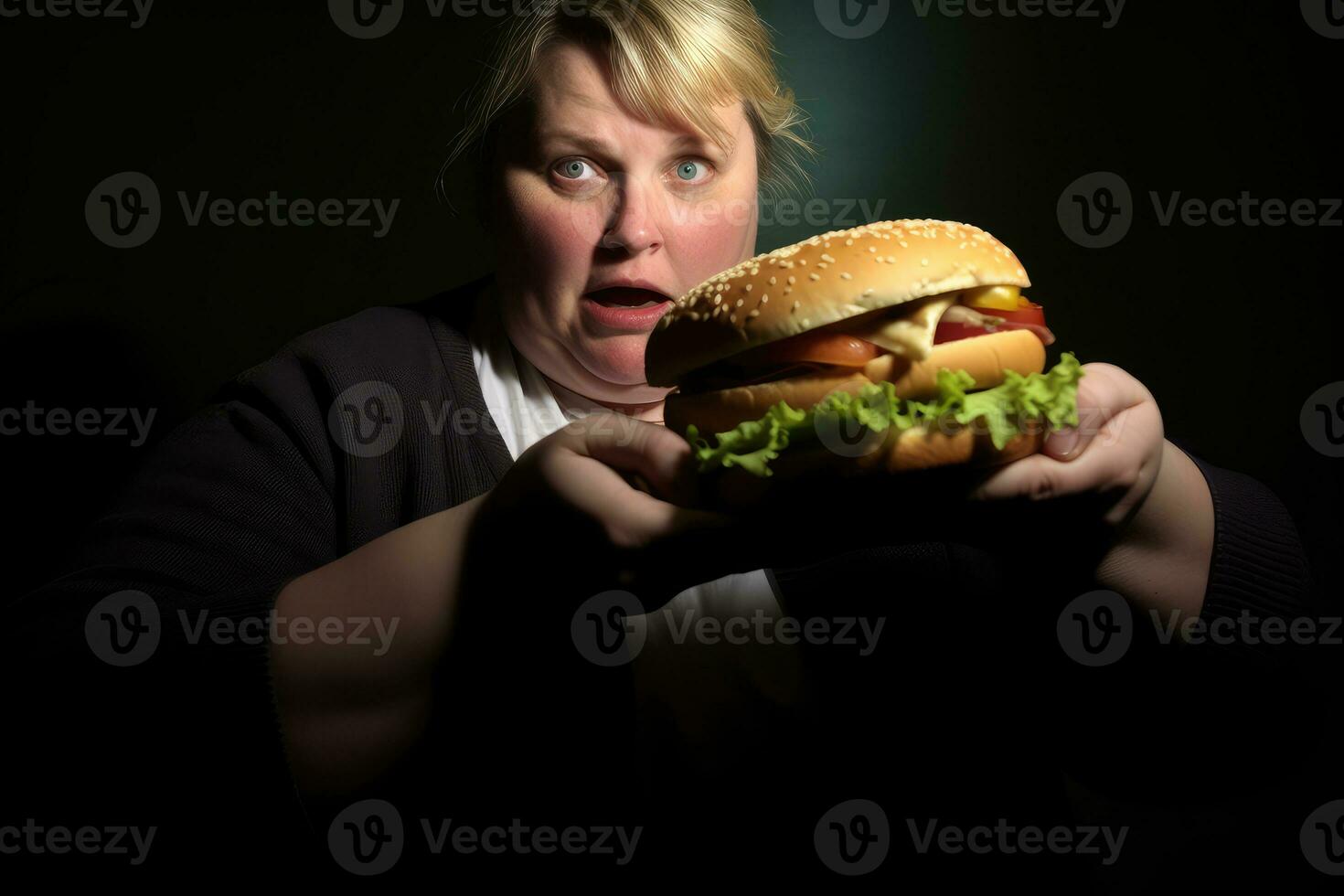 un' grande Hamburger e un sovrappeso donna. consapevolezza di obesità come un' risultato di malsano mangiare abitudini e veloce cibo consumo. generativo ai foto