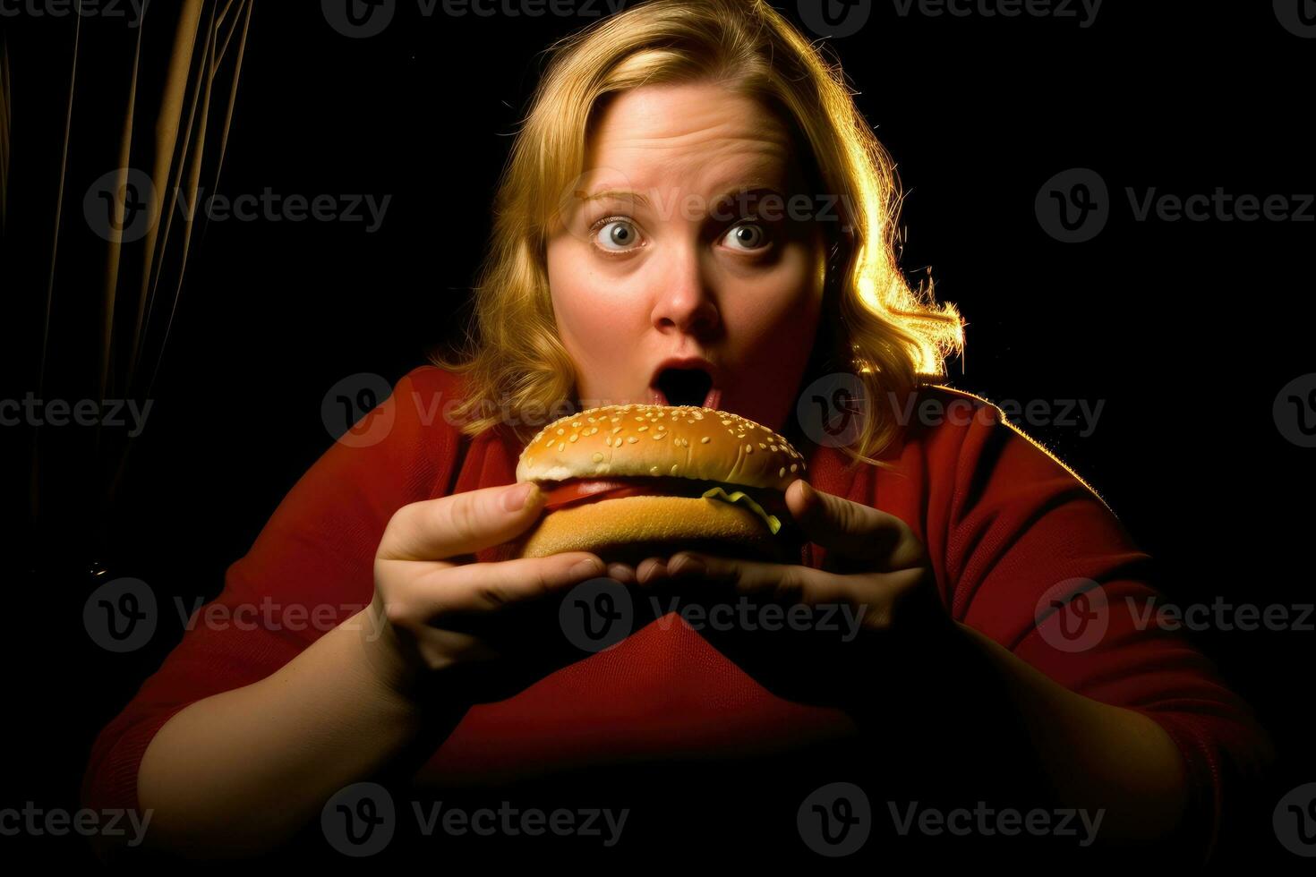 un' grande Hamburger e un sovrappeso donna. consapevolezza di obesità come un' risultato di malsano mangiare abitudini e veloce cibo consumo. generativo ai foto