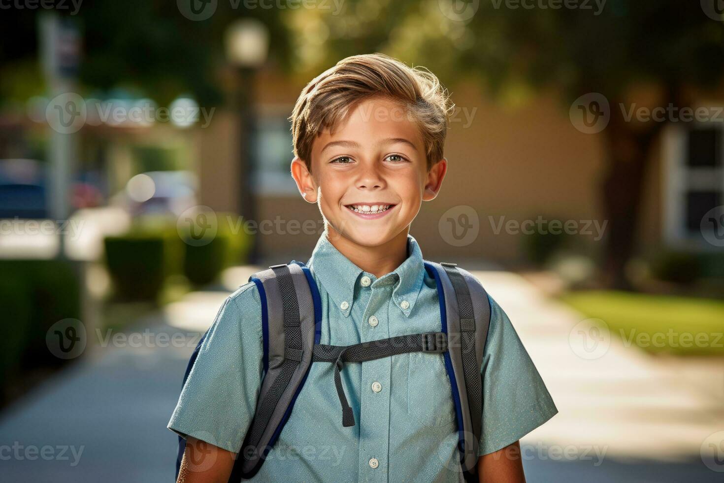 ritratto di un' caucasico alunno ragazzo pronto per il primo giorno di scuola indossare un' zaino e in posa con un' grande Sorridi. generativo ai foto