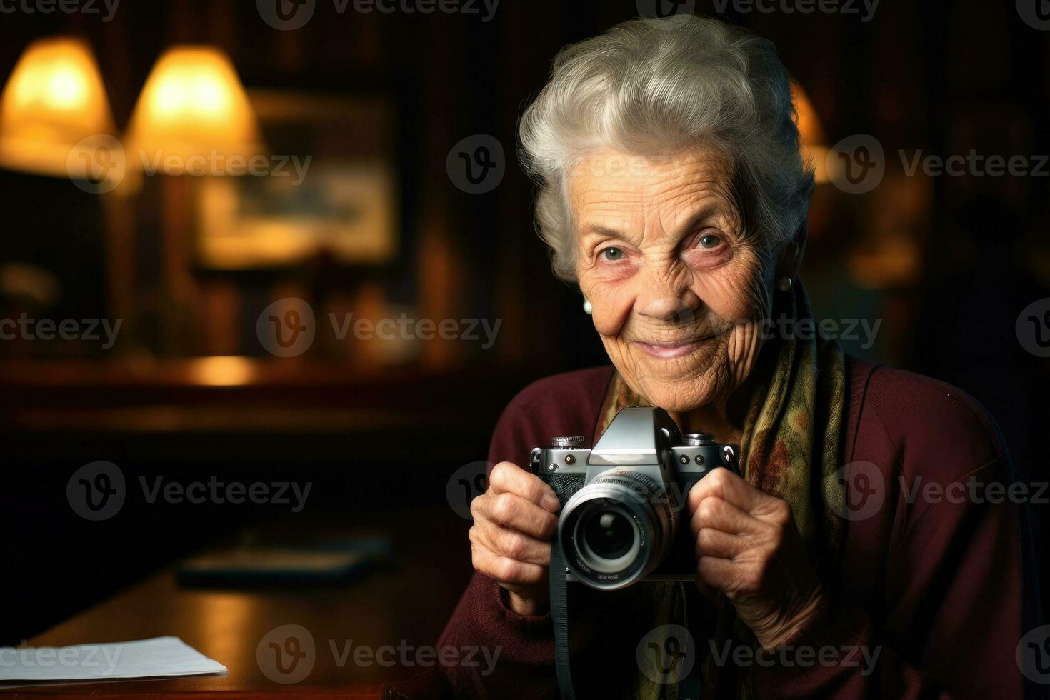 un anziano donna utilizzando un' telecamera e un' fotografia passatempo, dimostrando sua abilità per adattare per moderno sviluppi. generativo ai foto