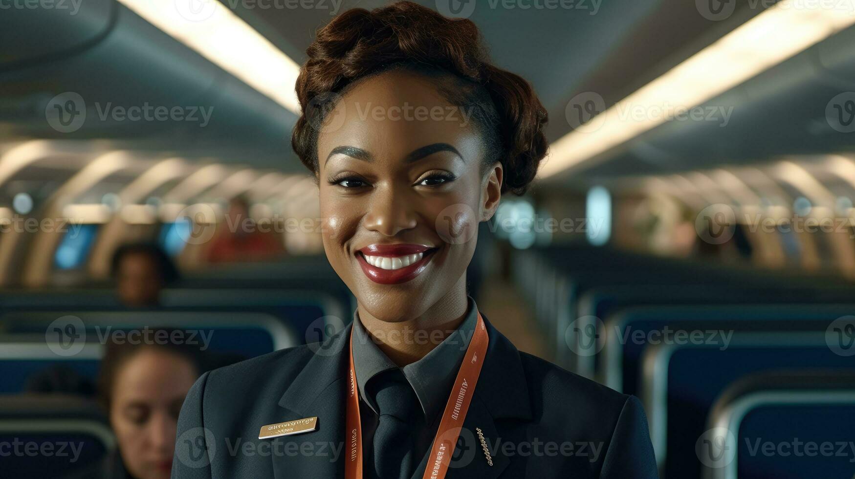 un' vicino - su tiro di un' femmina volo assistente, in piedi nel il corridoio di un aereo cabina, calorosamente accogliente viaggiatori con un' Sorridi. generativo ai foto