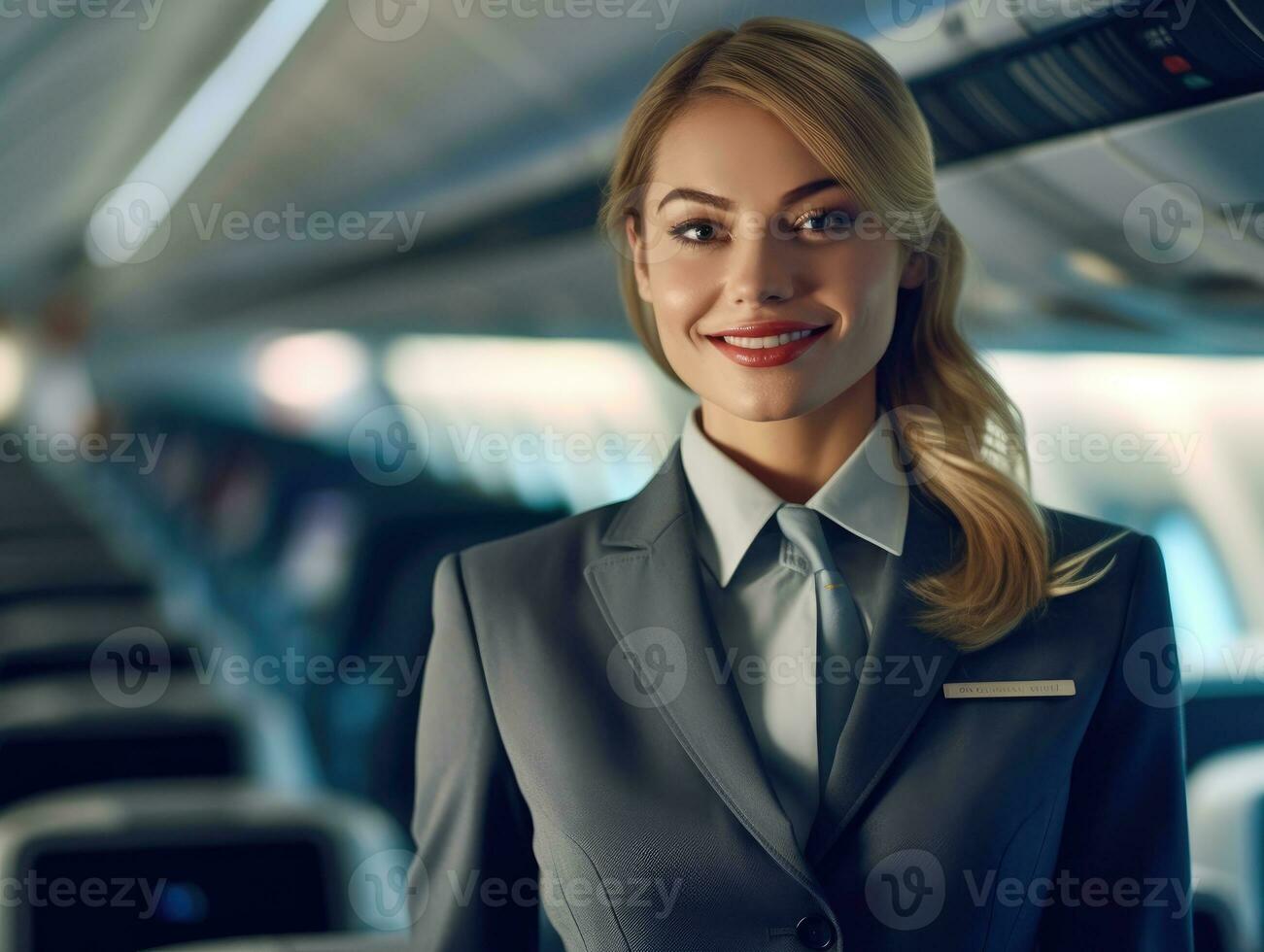 un' vicino - su tiro di un' femmina volo assistente, in piedi nel il corridoio di un aereo cabina, calorosamente accogliente viaggiatori con un' Sorridi. generativo ai foto