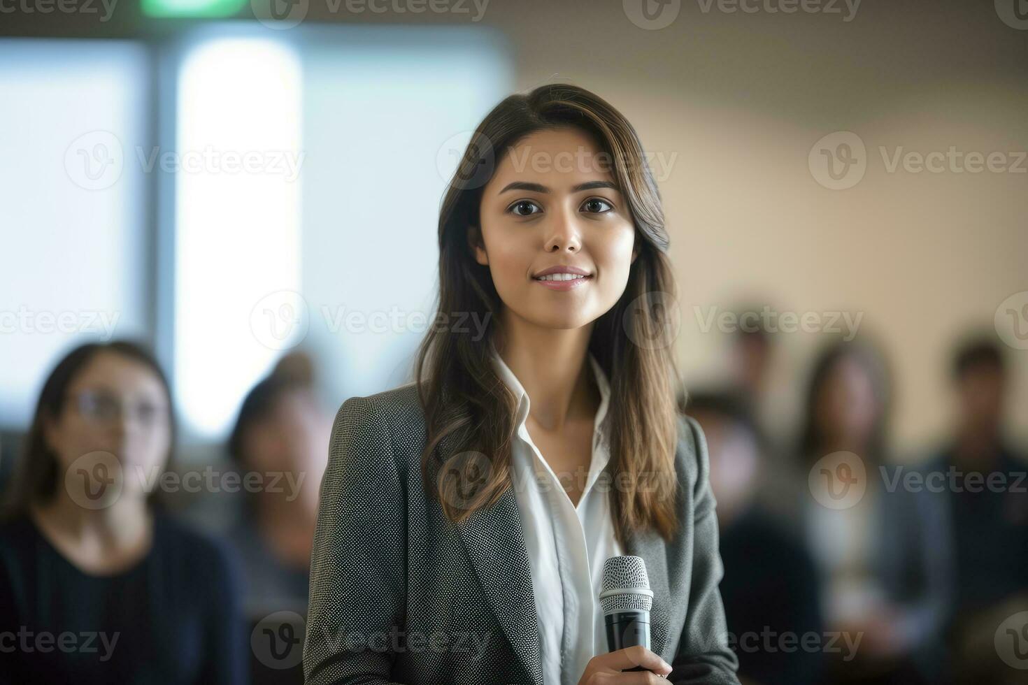 un' vicino - su tiro di un' fiducioso donna d'affari dando un' presentazione nel un' moderno conferenza camera. generativo ai foto