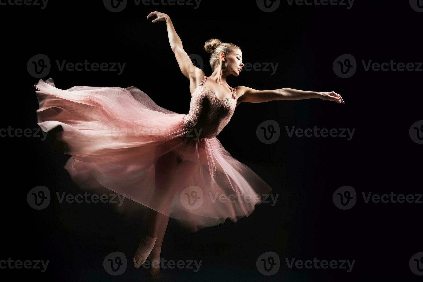 un' vicino - su tiro di un' ballerino nel medio - aria, congelato nel un' grazioso posa. generativo ai foto