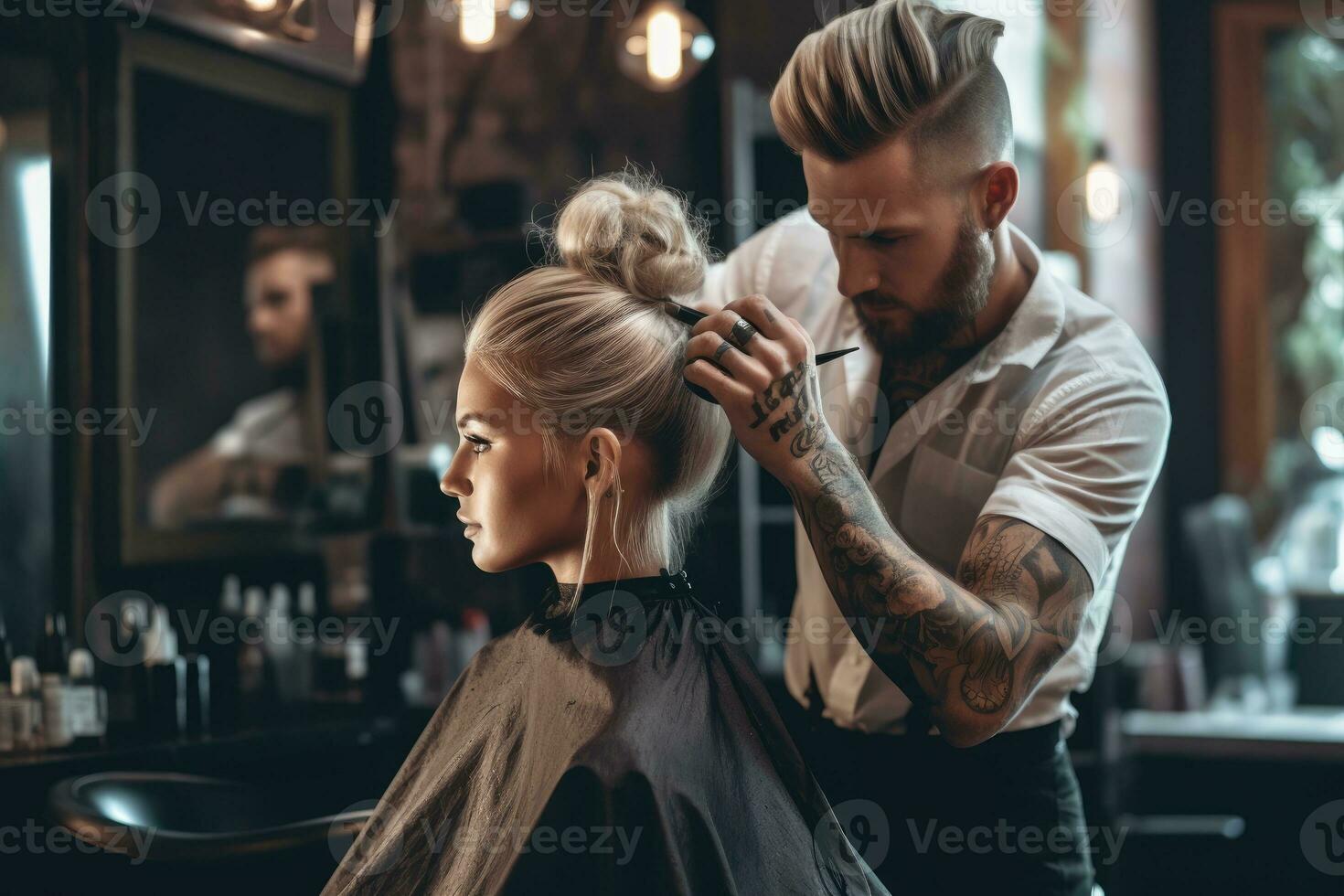 un' vicino - su tiro di un' alla moda maschio capelli stilista modellare un' donna di capelli nel un' lussuoso Da donna salone. generativo ai foto