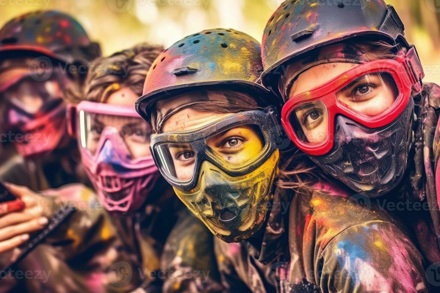 avvicinamento tiro di gruppo di contento amici giocando paintball e avendo spruzzi di colorato dipingere su loro facce. generativo ai foto