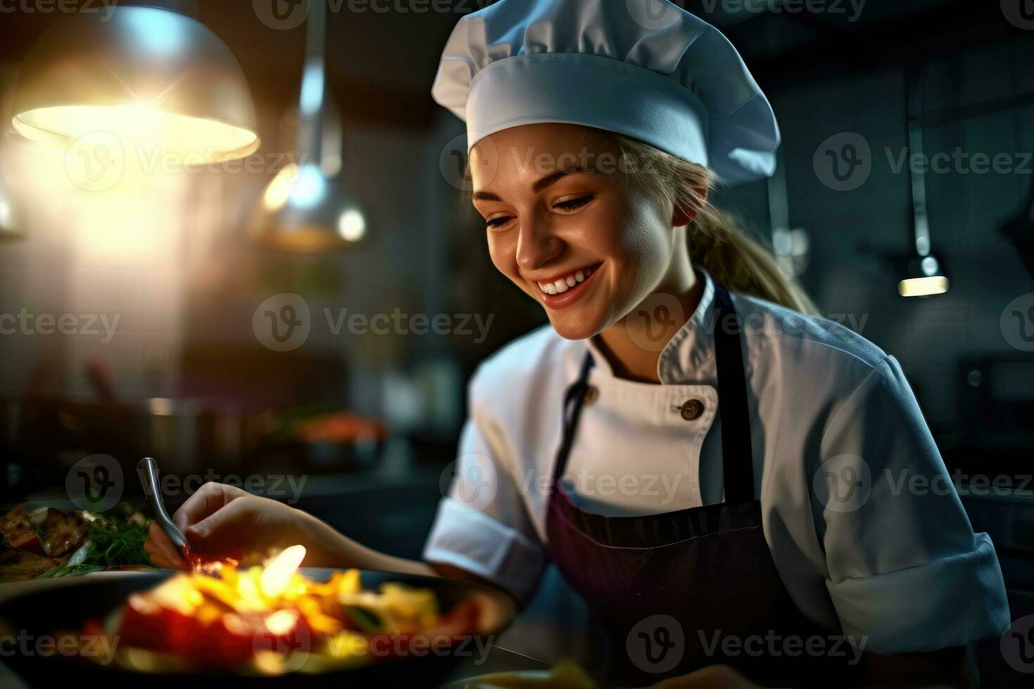 un' vicino - su tiro di un' giovane donna indossare un' dello chef cappello  e grembiule mentre preparazione un' delizioso pasto nel un' bene -  attrezzata cucina. generativo ai 26812154 Stock Photo su Vecteezy