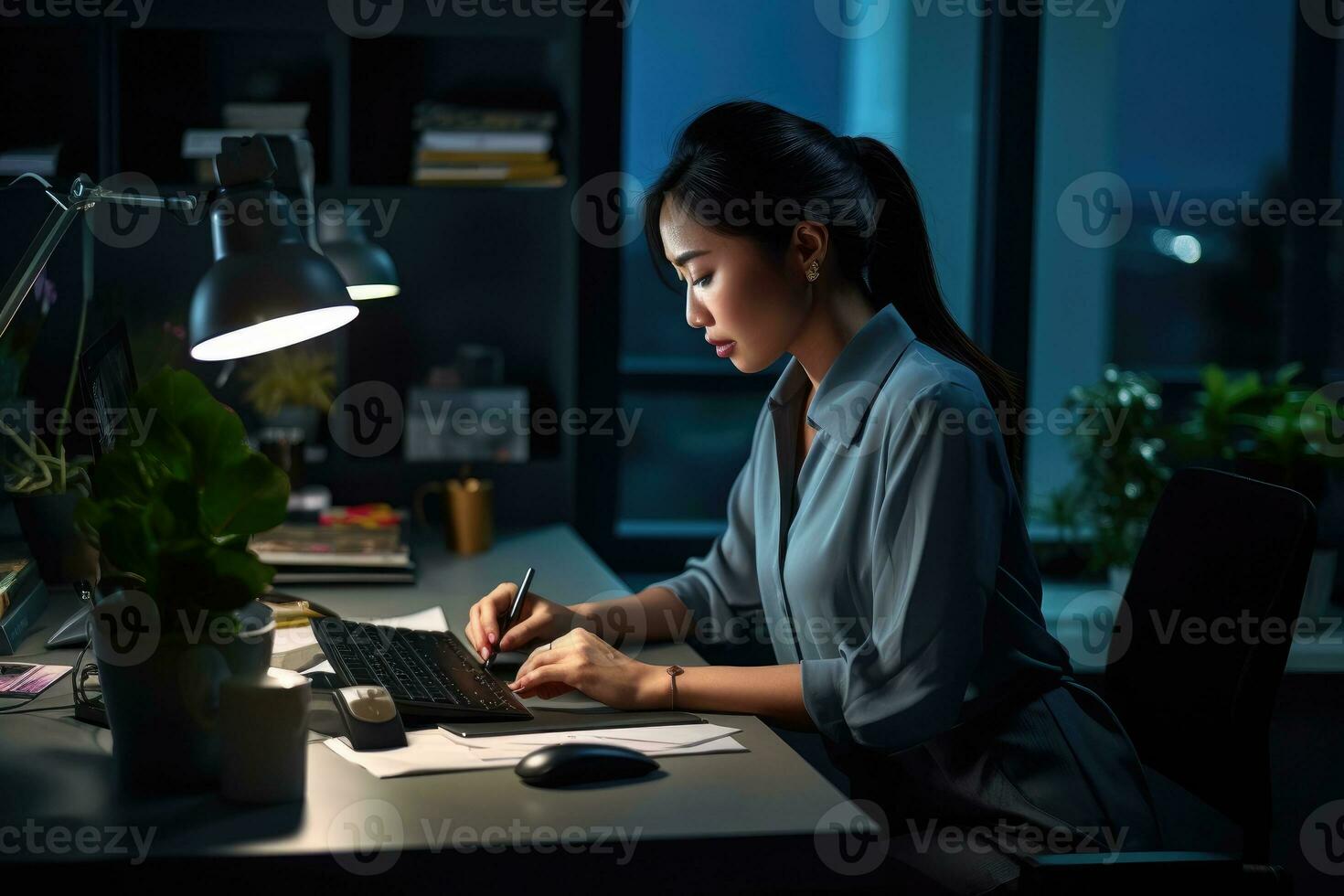 un' professionale donna d'affari Lavorando a un' moderno ufficio scrivania. generativo ai foto