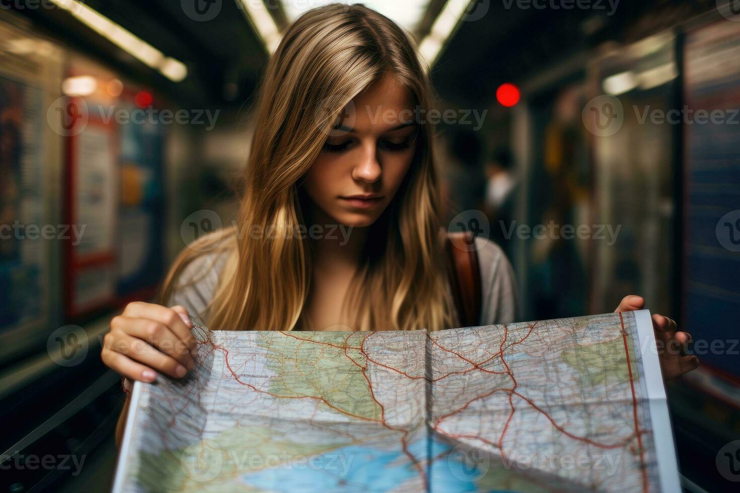 un' vicino - su tiro di un' donna Tenere un' la metropolitana carta geografica nel sua mani, studiando il itinerari e pianificazione sua viaggio. generativo ai foto