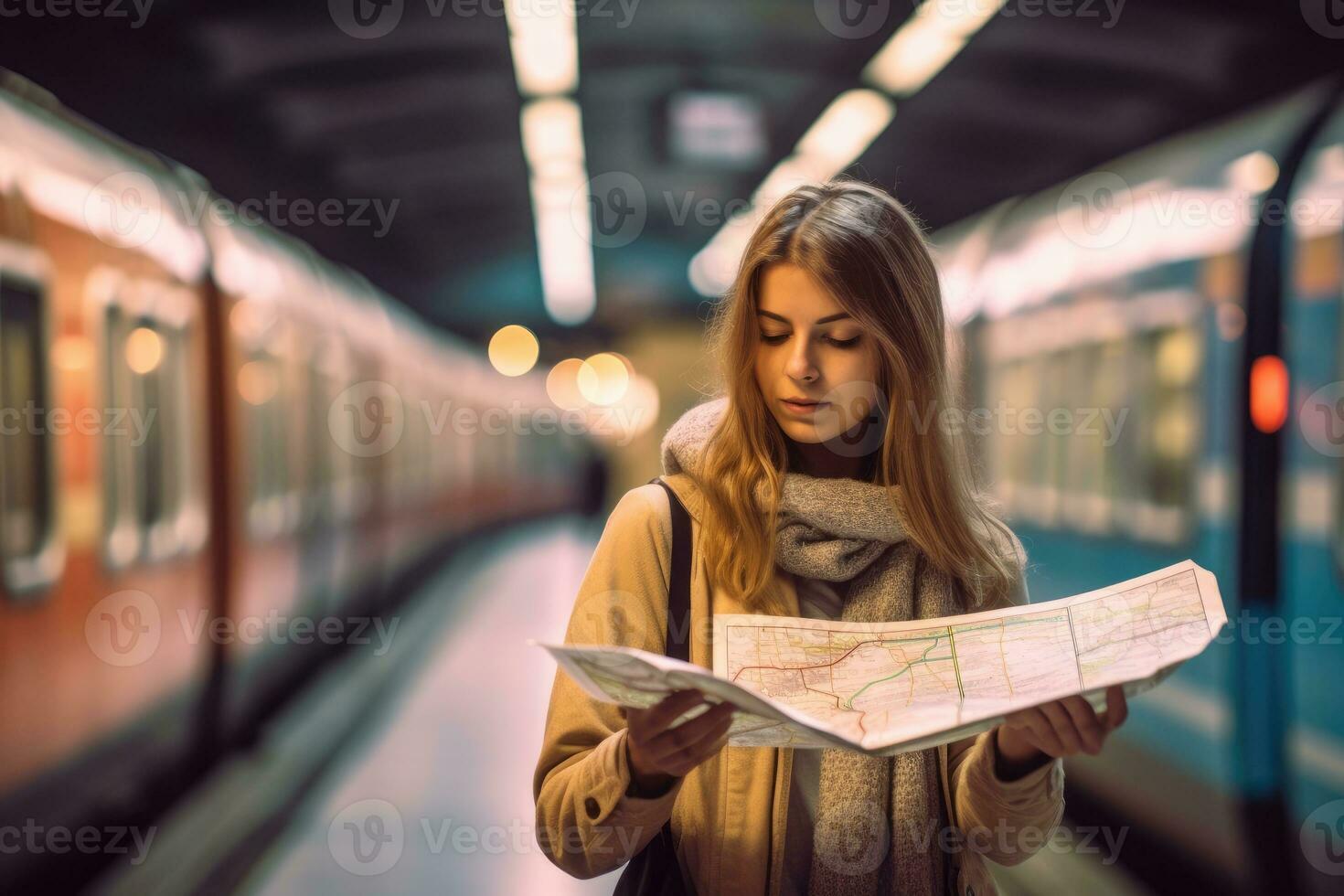 un' vicino - su tiro di un' donna Tenere un' la metropolitana carta geografica nel sua mani, studiando il itinerari e pianificazione sua viaggio. generativo ai foto