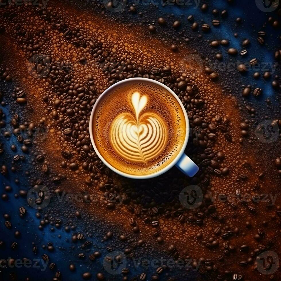 caffè tazza con latte macchiato arte su caffè fagioli sfondo. ai generativo foto